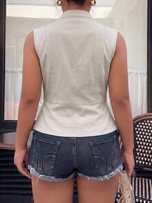 Muchica Grey Casual Plus Size Women's Button Design Vest Jacket Fall - Grey - View 7