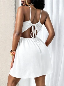 Glyssa Women's Sexy Spaghetti Strap Backless Cutout U-Neck Buckle Pleated Hem Short Dress - White - View 2