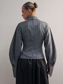 Hauture 時尚優雅通勤經典條紋翻領長袖領結女式襯衫 - 深灰色 - 查看 3