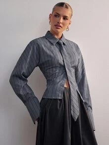 Hauture 時尚優雅通勤經典條紋翻領長袖領結女式襯衫 - 深灰色 - 查看 4