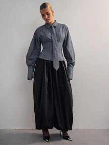 Hauture 時尚優雅通勤經典條紋翻領長袖領結女式襯衫 - 深灰色 - 查看 5