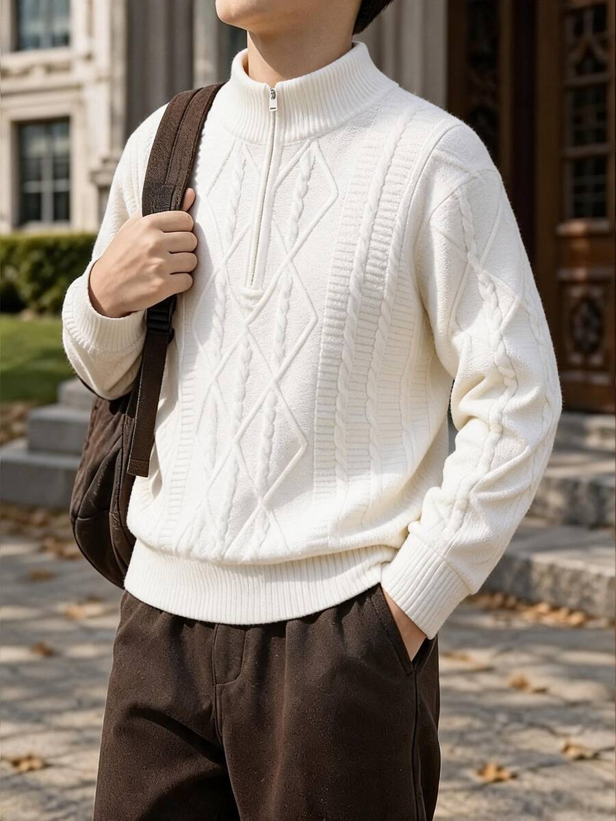 兒童青少年男孩休閒日常百搭舒適半高領半開襟長袖套頭針織毛衣,白色素色,適合通勤、上學、日常休閒、度假旅行、運動,秋冬穿著 - 白色 - 查看 1