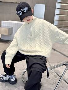 兒童青少年男孩休閒日常百搭舒適半高領半開襟長袖套頭針織毛衣，白色素色，適合通勤、上學、日常休閒、度假旅行、運動，秋冬穿著 - 白色 - 查看 3