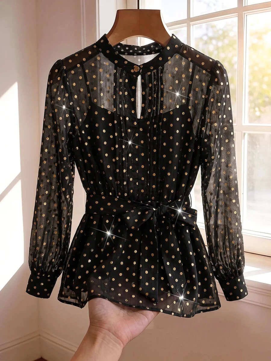 SHEIN Clasi Plus Size Women's Gold Foil Polka Dot Mesh Ruffle Hem Fashion Blouse - Black and Gold - View 1