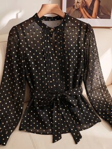 SHEIN Clasi Plus Size Women's Gold Foil Polka Dot Mesh Ruffle Hem Fashion Blouse - Black and Gold - View 3