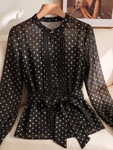 SHEIN Clasi Plus Size Women's Gold Foil Polka Dot Mesh Ruffle Hem Fashion Blouse - Black and Gold - View 5
