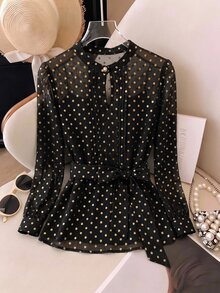 SHEIN Clasi Plus Size Women's Gold Foil Polka Dot Mesh Ruffle Hem Fashion Blouse - Black and Gold - View 4