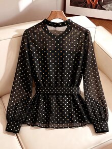 SHEIN Clasi Plus Size Women's Gold Foil Polka Dot Mesh Ruffle Hem Fashion Blouse - Black and Gold - View 2