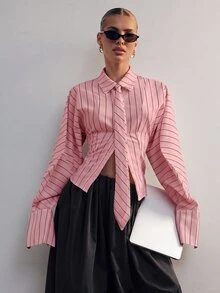 Hauture Fashionable Elegant Commute Classic Striped Lapel Long Sleeve Tie Blouse For Women - Pink - View 1