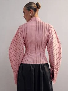 Hauture Fashionable Elegant Commute Classic Striped Lapel Long Sleeve Tie Blouse For Women - Pink - View 3