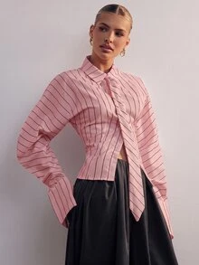 Hauture Fashionable Elegant Commute Classic Striped Lapel Long Sleeve Tie Blouse For Women - Pink - View 4