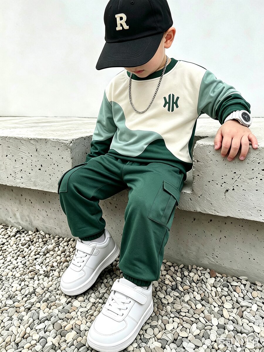 Genkimix Kids 2件組小男孩休閒運動學院風街頭可愛酷感圖案三拼接條紋衛衣+長褲,適合日常穿著、上學、外出、運動,春秋季適用,簡約優雅設計,舒適時尚,男孩衣櫥的實用時尚選擇 - 綠色 - 查看 1