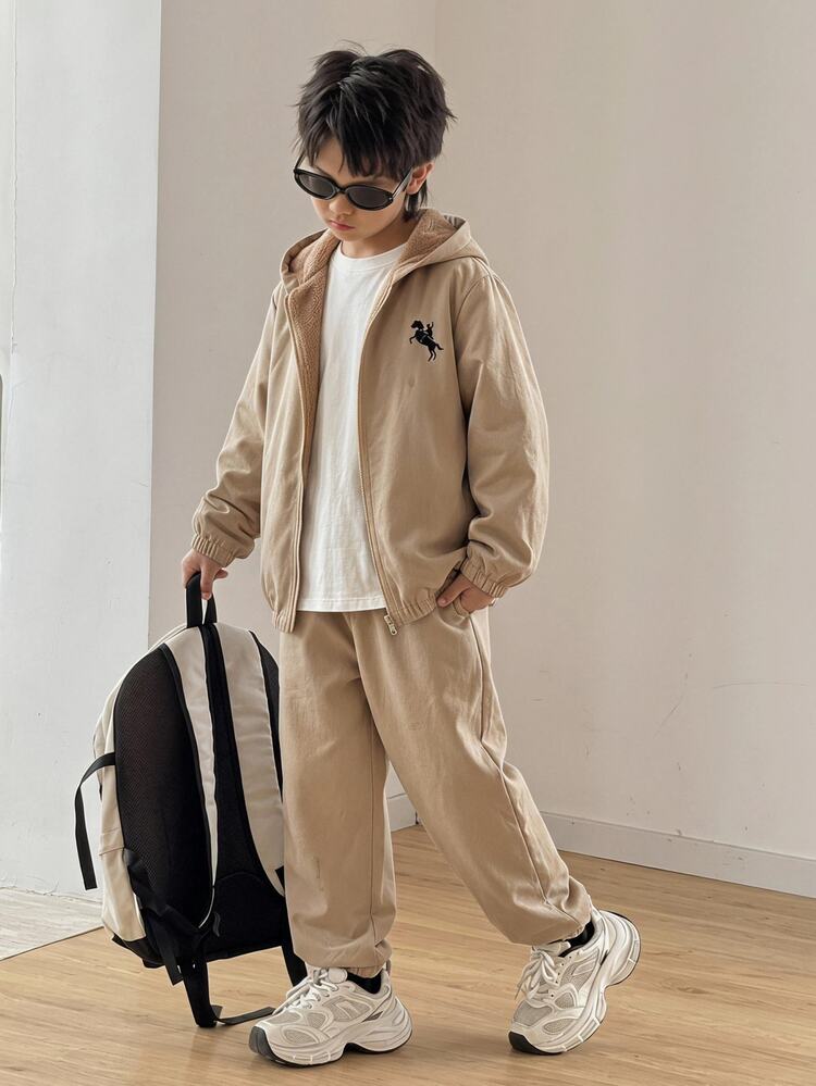 SHEIN 2pcs Kids Tween Boy Thermal Lined Brushed Thick Hooded Pony Animal Print Regular Shoulder Winter Jacket Casual Sport Basic Long Pants Set Suitable For Winter Commuting School Daily Casual Vacation Travel - Khaki - View 5