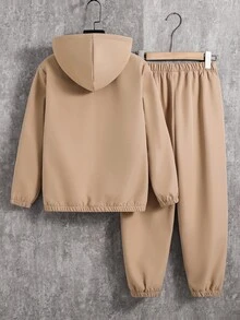 SHEIN 2件組兒童青少年男孩保暖內裡刷毛加厚連帽小馬動物印花正肩冬季夾克休閒運動基礎長褲套裝，適合冬季通勤、上學、日常休閒、度假旅行 - 卡其色 - 查看 4