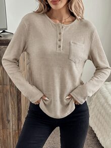 SHEIN LUNE 休閒通勤女款長袖T恤，秋冬日常基礎時尚外出穿搭 - 杏色 - 查看 5