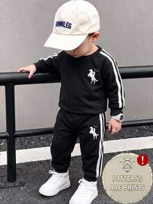 2pcs Baby Boys Sweatshirt Sets Sporty Black White Striped Horse Print Long Sleeve Rib-Knit Crew Neck Fall School Cute Outfits - Multicolor - View 1