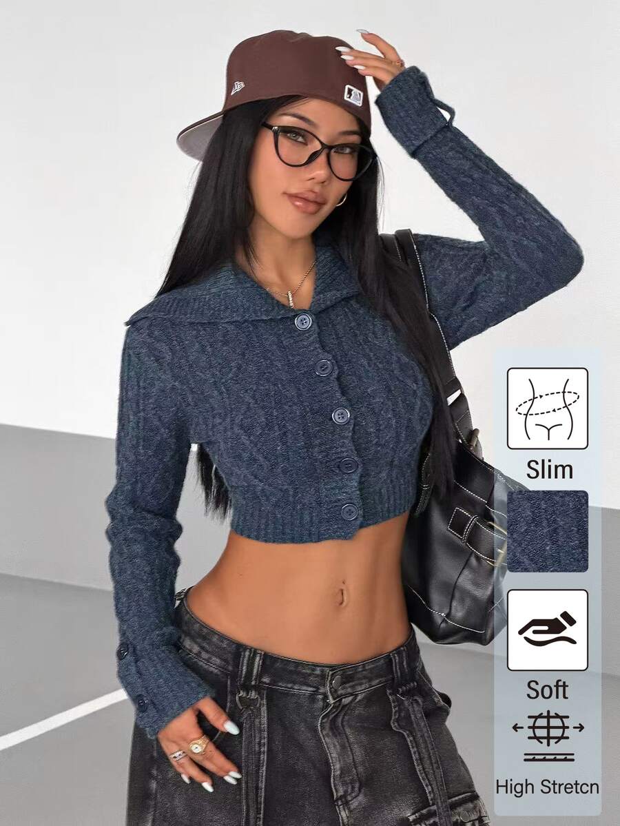 StreetHx Streetwear Wanita Musim Gugur/Dingin, Warna Polos, Gaya Vintage, Rajutan Kabel, Potongan Ramping, Kancing Depan, Kardigan Seksi