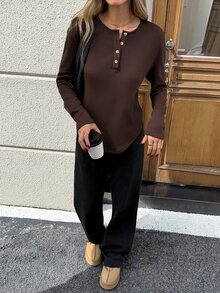 SHEIN LUNE Women's Casual Commute Long Sleeve T-Shirt, Solid Color, Basic Layering Top, Autumn/Winter, Daily Wear, Outing Outfit Going Out - Brown - View 6