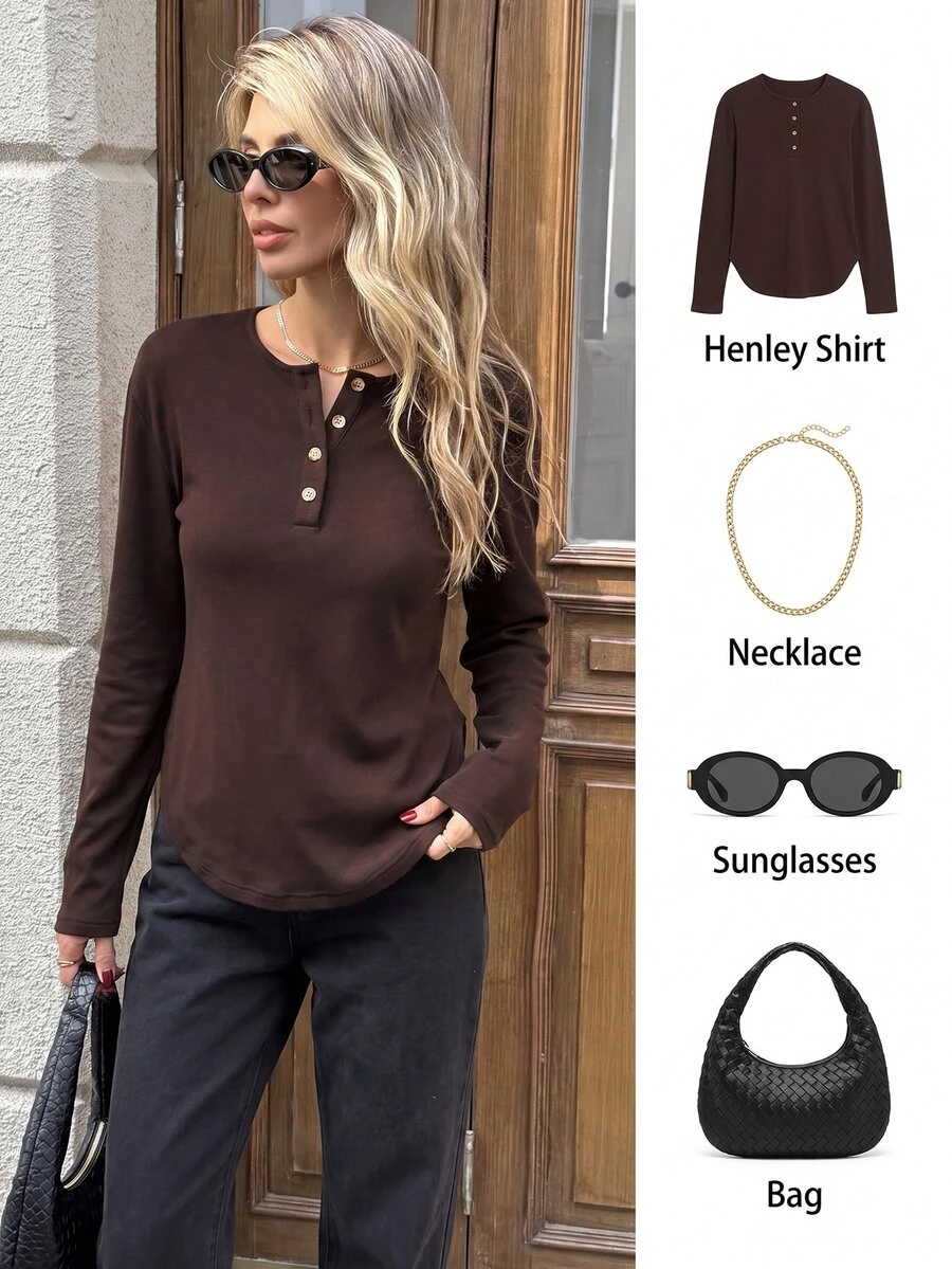 SHEIN LUNE Women's Casual Commute Long Sleeve T-Shirt, Solid Color, Basic Layering Top, Autumn/Winter, Daily Wear, Outing Outfit Going Out - Brown - View 1