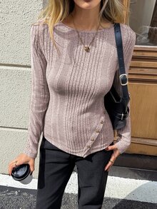 SHEIN LUNE 女款休閒通勤長袖T恤，秋季/日常基礎時尚外套套裝，適合早午餐，灰玫瑰色 - 藕粉色 - 查看 7
