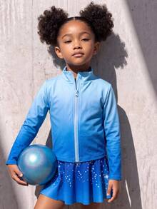 Young Girl Round Neck All-Over Print Inner Layer & Long Sleeve Top & Mini Skirt Sports Set - Blue - View 6