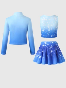 Young Girl Round Neck All-Over Print Inner Layer & Long Sleeve Top & Mini Skirt Sports Set - Blue - View 9