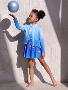 Young Girl Round Neck All-Over Print Inner Layer & Long Sleeve Top & Mini Skirt Sports Set - Blue - View 5