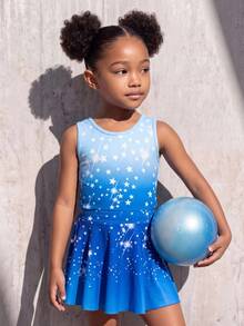 Young Girl Round Neck All-Over Print Inner Layer & Long Sleeve Top & Mini Skirt Sports Set - Blue - View 4