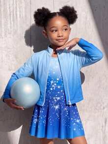 Young Girl Round Neck All-Over Print Inner Layer & Long Sleeve Top & Mini Skirt Sports Set - Blue - View 2