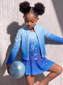 Young Girl Round Neck All-Over Print Inner Layer & Long Sleeve Top & Mini Skirt Sports Set - Blue - View 1