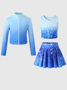 Young Girl Round Neck All-Over Print Inner Layer & Long Sleeve Top & Mini Skirt Sports Set - Blue - View 8
