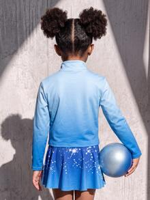 Young Girl Round Neck All-Over Print Inner Layer & Long Sleeve Top & Mini Skirt Sports Set - Blue - View 7
