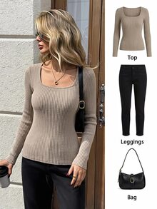 SHEIN LUNE 3pcs Women's Solid Square-Neck Long-Sleeve Ribbed Casual Tee - Multicolor - View 11