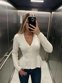 SHEIN ICON Women's Solid Color V-Neck Long Sleeve Casual Knit Cardigan - White - View 1