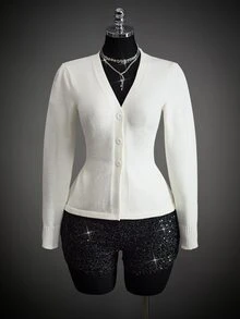 SHEIN ICON Women's Solid Color V-Neck Long Sleeve Casual Knit Cardigan - White - View 5