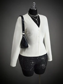 SHEIN ICON Women's Solid Color V-Neck Long Sleeve Casual Knit Cardigan - White - View 10