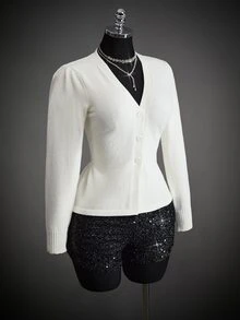 SHEIN ICON Women's Solid Color V-Neck Long Sleeve Casual Knit Cardigan - White - View 7