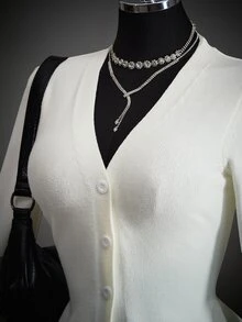 SHEIN ICON Women's Solid Color V-Neck Long Sleeve Casual Knit Cardigan - White - View 11