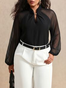 Juhart Plus Size Design Stand Collar Metal Button Chiffon Long Sleeve Blouse - Black - View 5