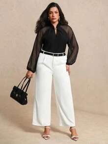 Juhart Plus Size Design Stand Collar Metal Button Chiffon Long Sleeve Blouse - Black - View 7