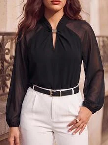 Juhart Plus Size Design Stand Collar Metal Button Chiffon Long Sleeve Blouse - Black - View 1