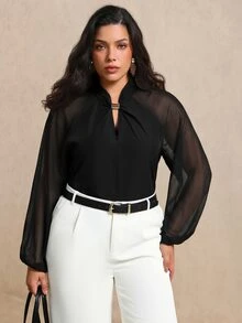 Juhart Plus Size Design Stand Collar Metal Button Chiffon Long Sleeve Blouse - Black - View 9