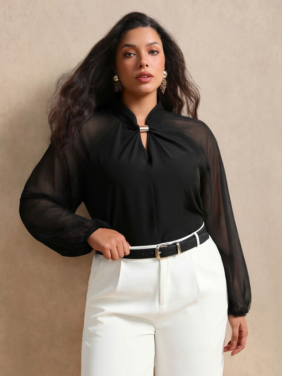 Juhart Plus Size Design Stand Collar Metal Button Chiffon Long Sleeve Blouse - Black - View 1
