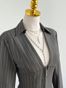 Elamini 女款秋冬優雅套裝，日常百搭通勤、派對、街頭穿搭，條紋收腰長袖襯衫 + 低腰條紋裙 2件套 - 淺灰色 - 查看 8
