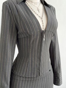 Elamini 女款秋冬優雅套裝，日常百搭通勤、派對、街頭穿搭，條紋收腰長袖襯衫 + 低腰條紋裙 2件套 - 淺灰色 - 查看 6