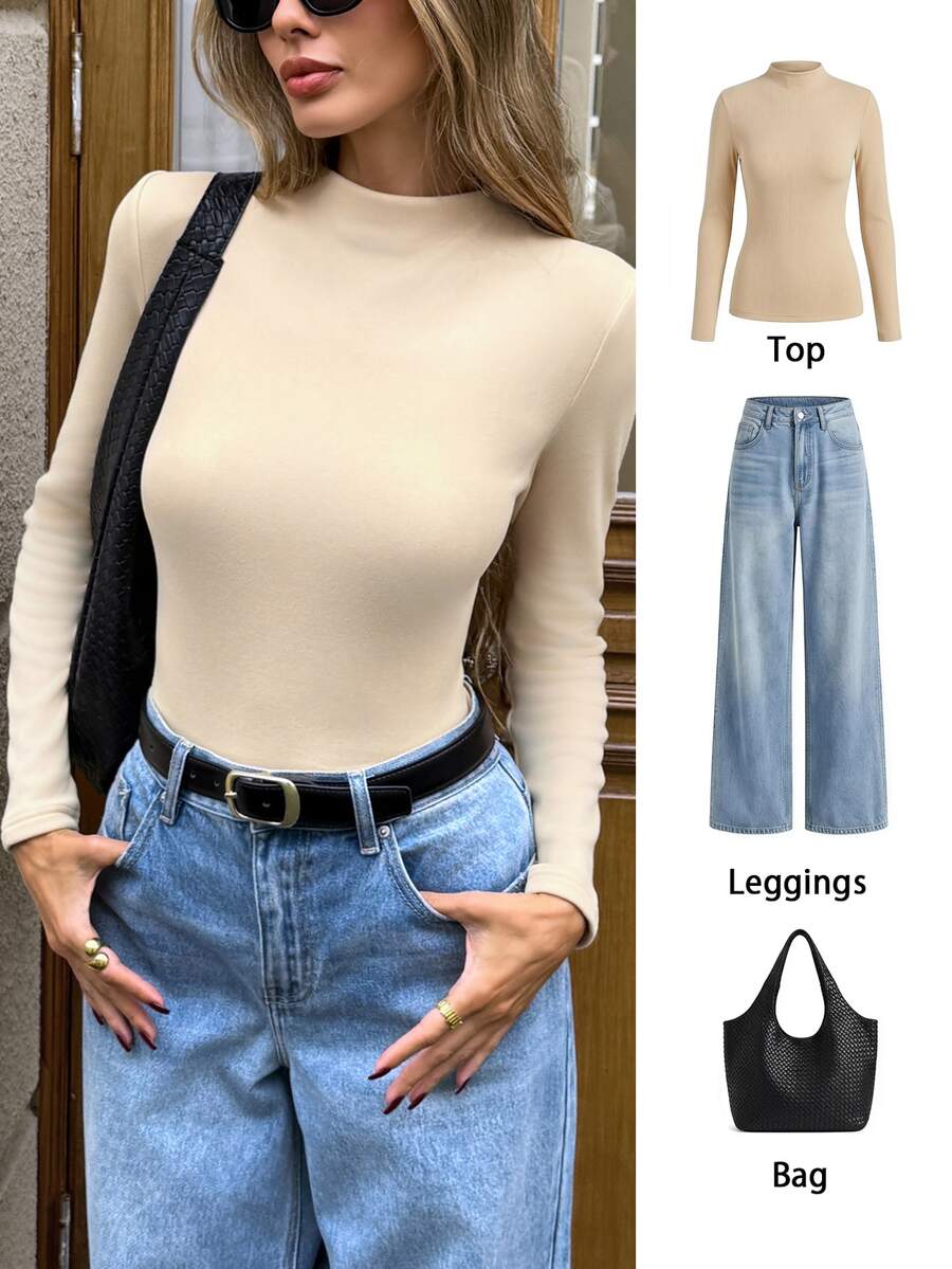 SHEIN LUNE Casual Commute Women's Long Sleeve T-Shirt Autumn/Winter Daily Basic Fashion Outwear Outfit - Khaki - View 1