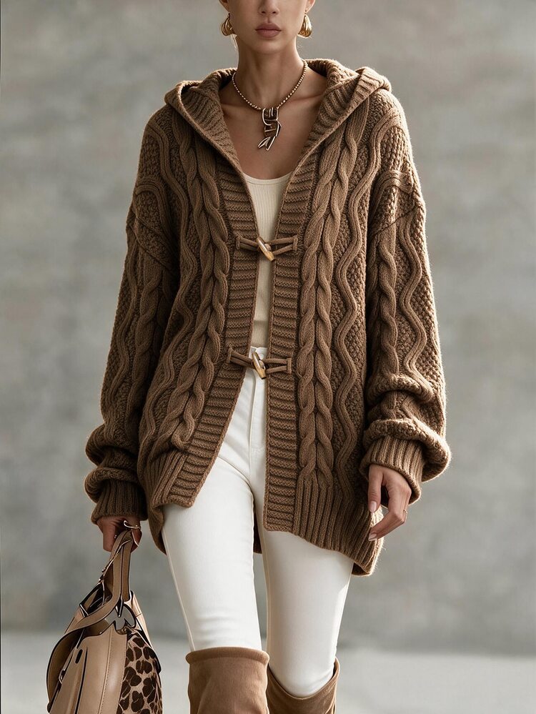 Omancia Vintage Hooded Cable Knit Toggle Cardigan, Casual Long Sleeve Sweater For Autumn - Brown - View 3