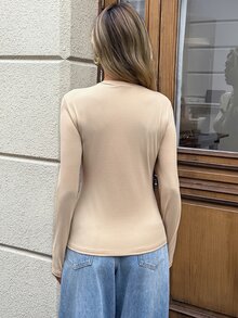 SHEIN LUNE 休閒通勤女款胸墊長袖T恤，秋冬日常基礎時尚穿搭上衣 - 杏色 - 查看 3