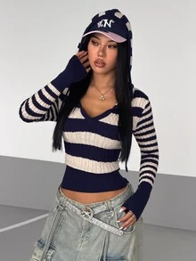 StreetHx Streetwear Coastal Modest Women's Autumn/Winter Colorblock Ribbed V-Neck Y2K Sports Cinched Waist Ribbed Slimming Long Sleeve Sweater Top Travel - Multicolor - View 8