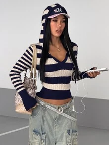StreetHx Streetwear Coastal Modest Women's Autumn/Winter Colorblock Ribbed V-Neck Y2K Sports Cinched Waist Ribbed Slimming Long Sleeve Sweater Top Travel - Multicolor - View 5
